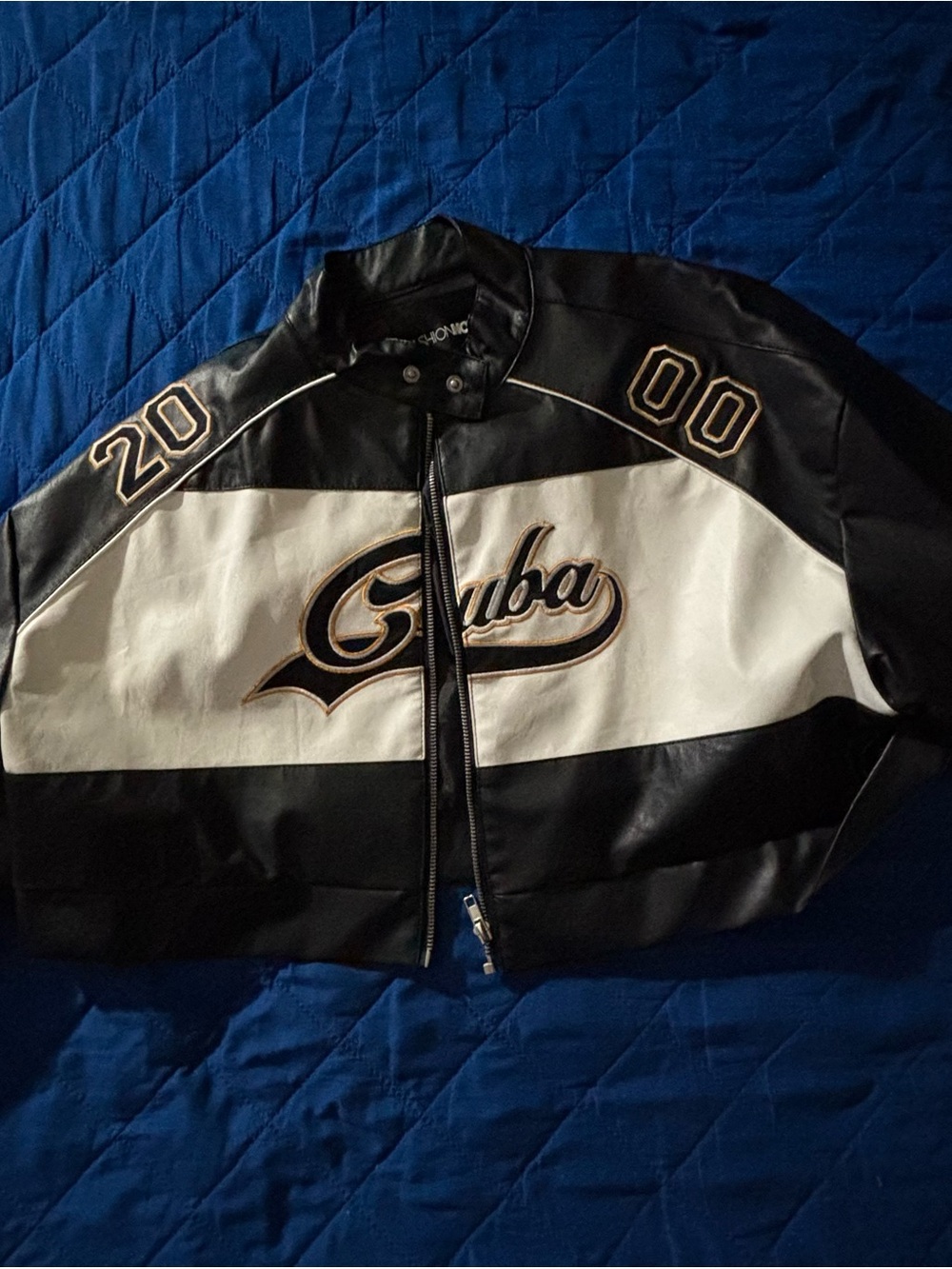 Cuba Script Black & White Leather Jacket